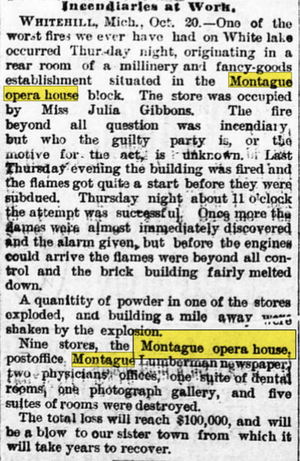 Montague Opera House - Oct 22 1884 Article On Fire